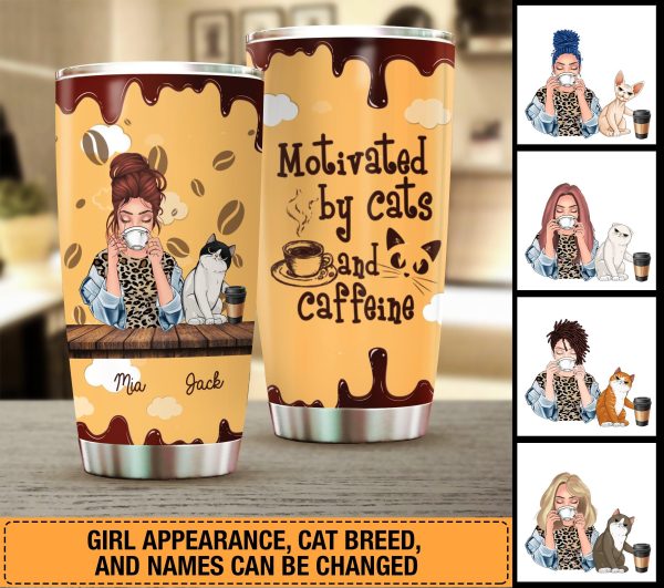 Motivated By Cat And Caffeine Personalized Tumbler, Personalized Gift for Cat Lovers, Cat Mom, Cat Dad - TB001PS02 For Cheap